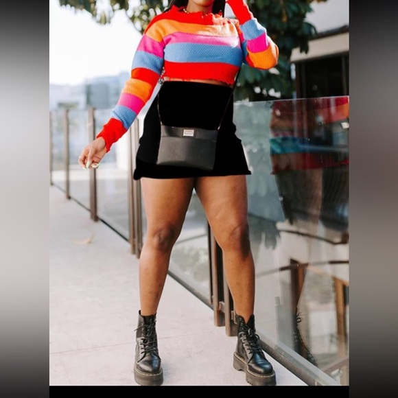 💋Rainbow Striped Knit 🧶 Half Turtleneck Crop Sweater - Picture 4 of 7
